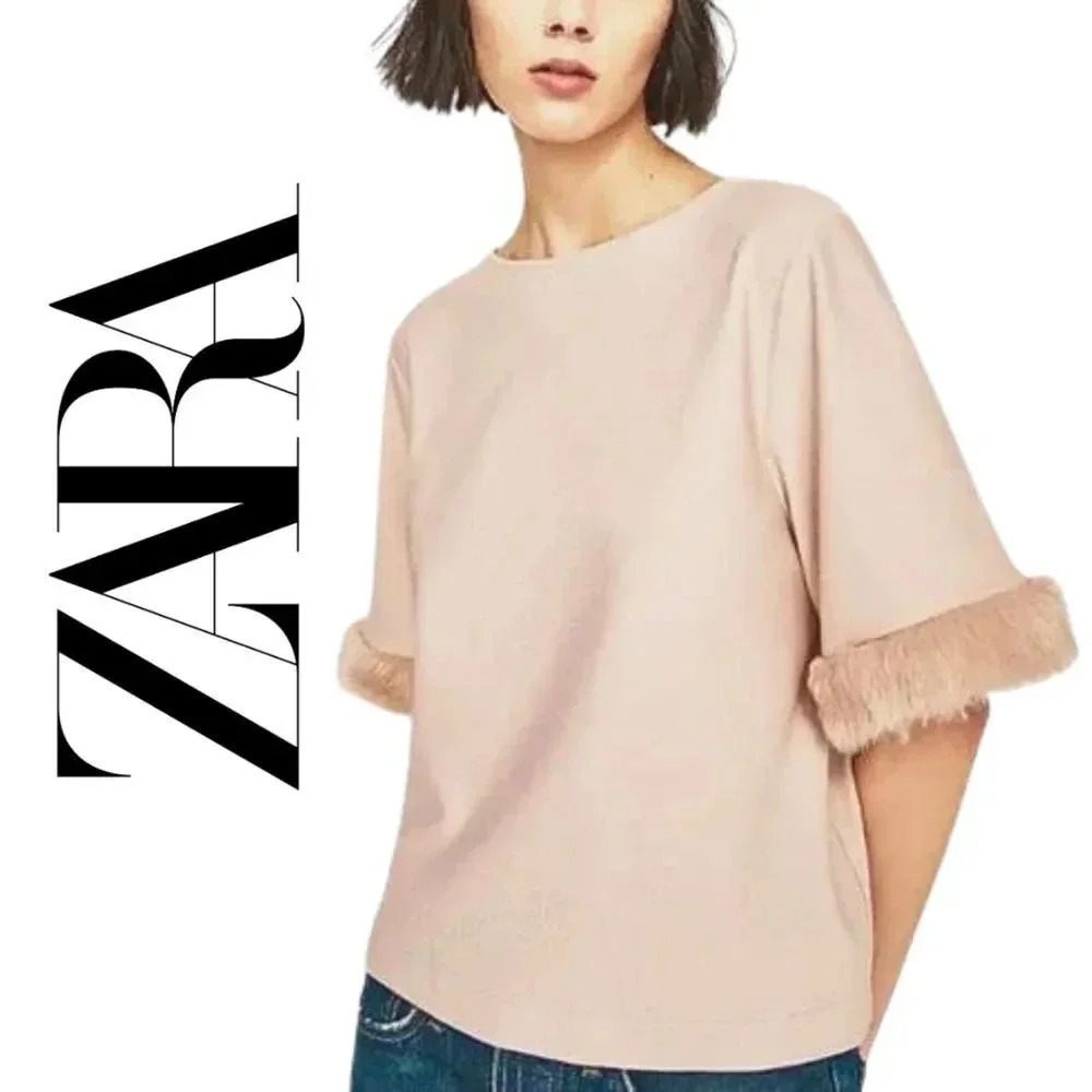 Zara Woman, Boxy Knit Faux Fur Cuff Short‎ Sleeve Top, Tan, Brown, Beige